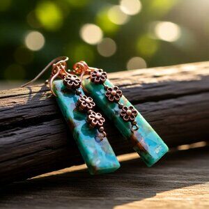 Handmade Aqua Sea Sediment Jasper & Copper Flower Earrings! Feminine Girlie Boho